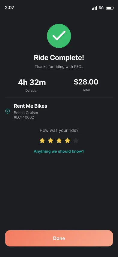 Ride complete summary in the GoPedl app showing duration, total, and rating
