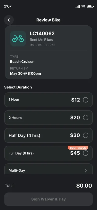 Guest selects a rental duration, signs the waiver, and pays in the GoPedl app