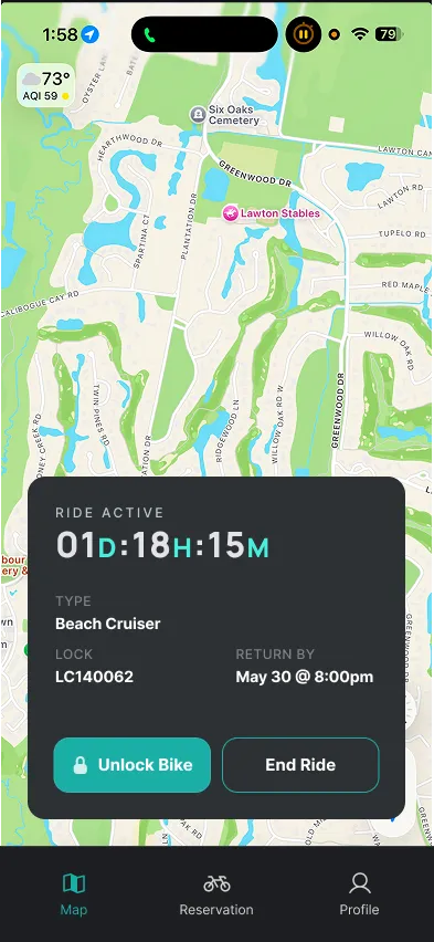 Active ride view in the GoPedl app with unlock and end ride controls